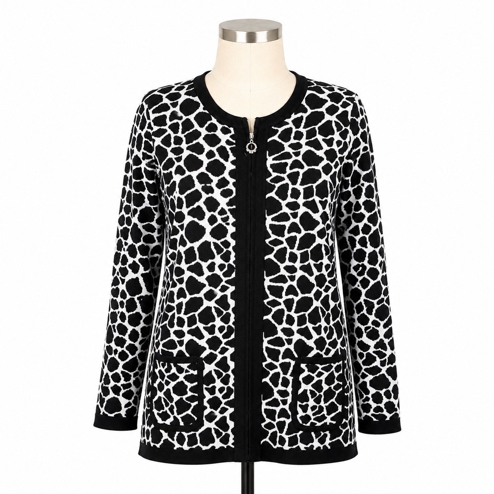 Misook Giraffe Print Jacket Women S Black White Zip Front‎ Knit Cardigan Pockets